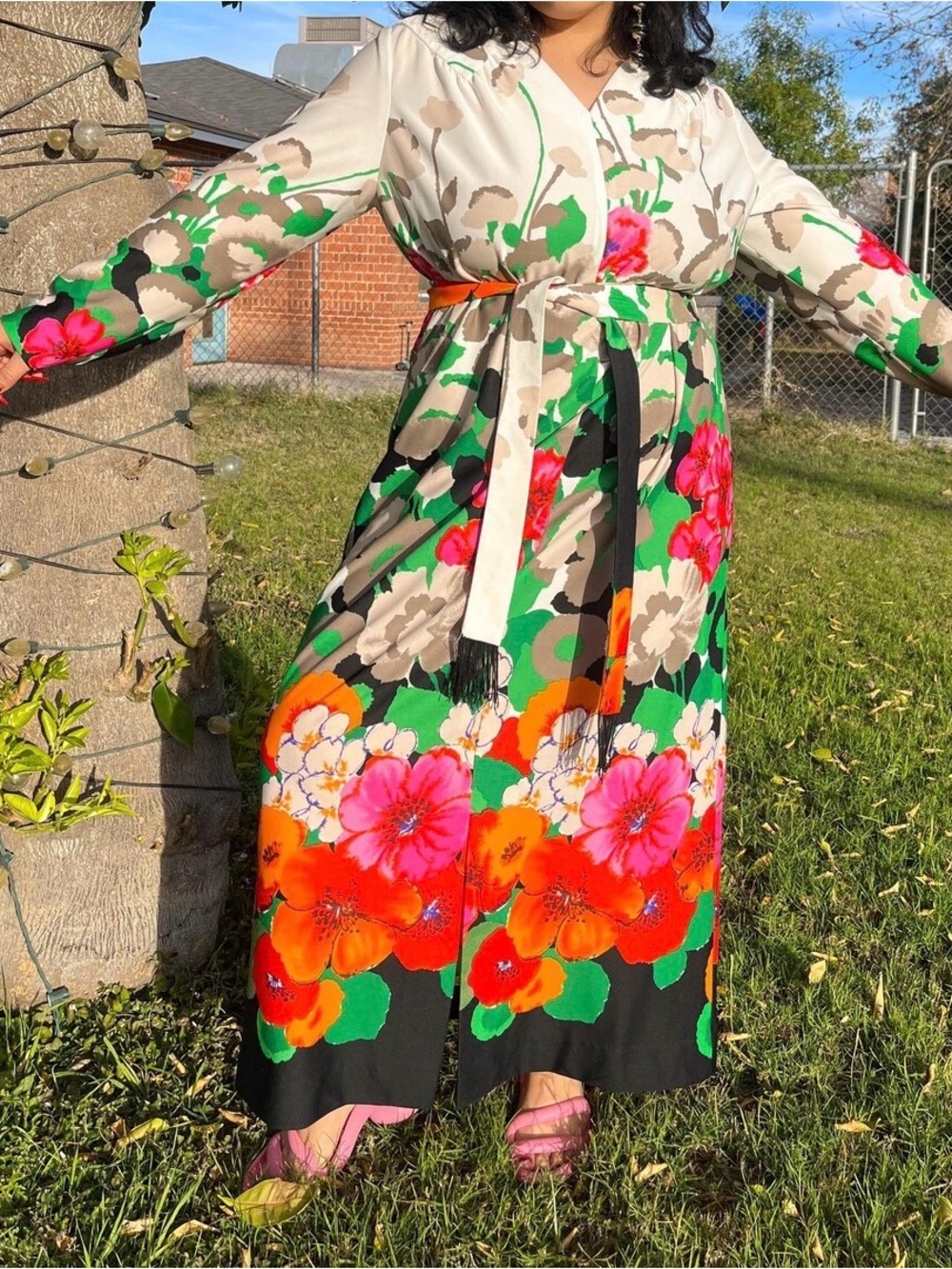 Vintage Floral Maxi Dress in Green, Pink, Orange, Black